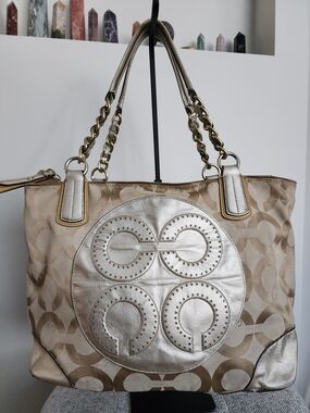 Coach Beige and Metallic Silver Signature Tote